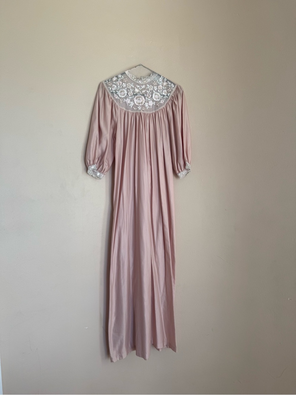 Dior Vintage Blush Pink Long Nightgown with Floral White Lace Accents